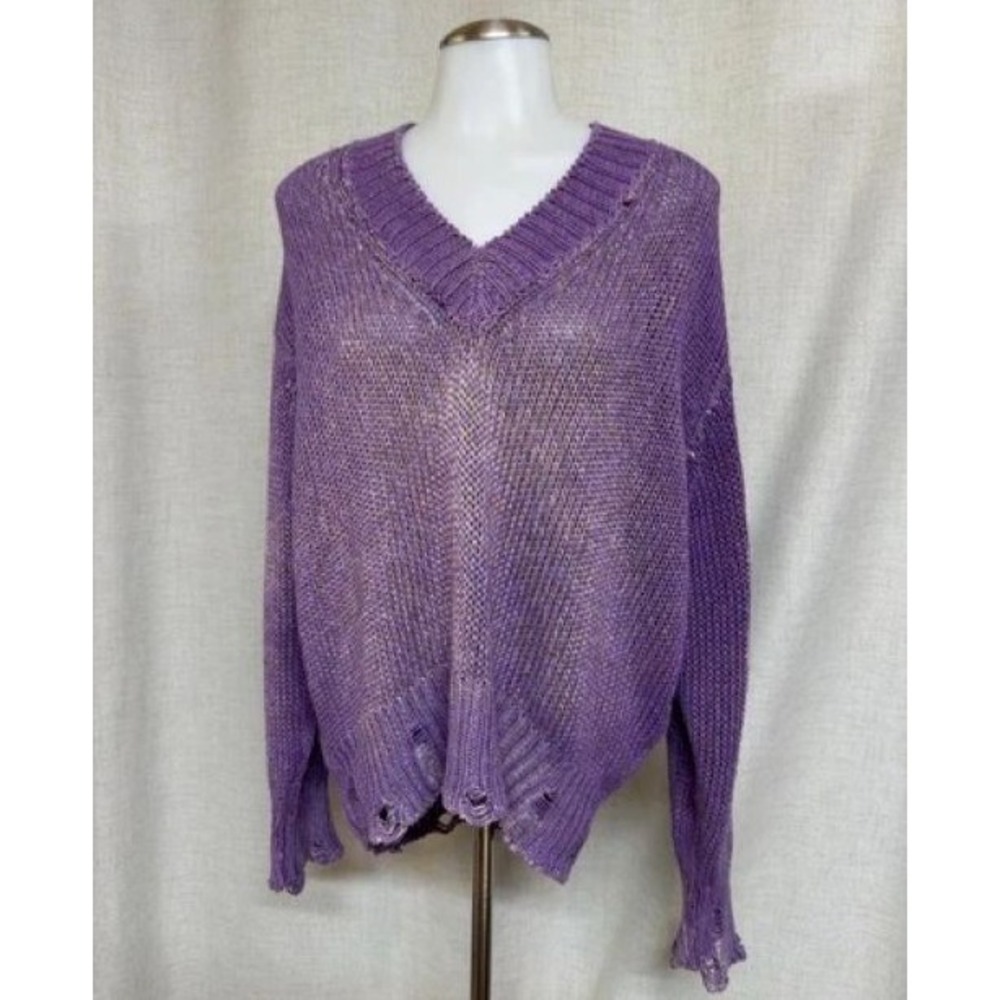 AVANT TOI Large Purple Knit Gradient Distressed V-Neck Pullover Sweater Italy
